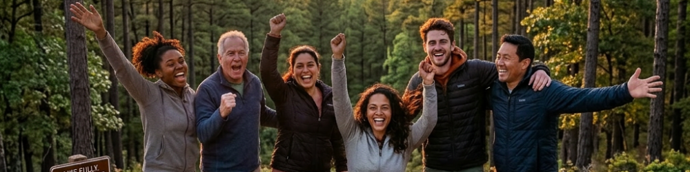 Diverse group of six people smiling and raising arms at a coastal cliffside at sunset, with one person in a wheelchair